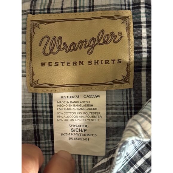 Wrangler Mens Western Plaid Snap Button Blue White Pale Green Shirt SZ Small - Picture 4 of 6
